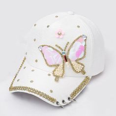 Made Of Cotton And Rhinestones Stunning Butterfly Dcor With Gradient Sequin Wings Adjustable To Fit Most Size One Size Note: Due To The Delicacy Of Craftwork, Each Cap's Rhinestone Design Will Be Slightly Different But Generally Remains The Same. White Hats With Rhinestones And Curved Brim, White Rhinestone Hat With Curved Brim, White Adjustable Hat With Rhinestones, White Adjustable Rhinestone Hats, White Adjustable Baseball Cap For Party, Animal Anime, Cc Hats, Louis Vuitton Hat, Handmade Teapot