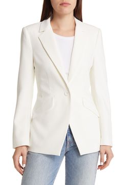 Chic for the office or the weekend, this one-button blazer exudes sophisticated style with smooth stretch fabric and a slighlty oversized fit. 28" length (size Medium) Notched lapels 63% polyester, 32% rayon, 5% elastane Dry clean Imported Chic Career Blazer With Notch Lapel, Chic Semi-formal Sport Coat With Lapel Collar, Chic Tailored Blazer With Hidden Button Closure, Chic Notch Lapel Office Blazer, Chic Notch Lapel Sport Coat For Office, Chic Single Button Blazer For Business, Chic Office Sport Coat With Notch Lapel, Chic Single Button Business Blazer, Chic Structured Office Blazer