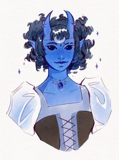 a drawing of a woman with horns on her head and blue hair, wearing a dress