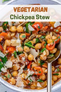 vegetarian chickpea stew in a white bowl with a spoon on the side and text overlay