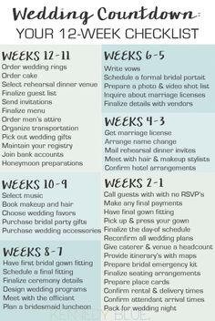 the wedding checklist is shown in this blue and white printable poster with text