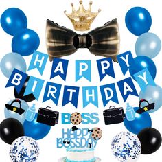 a happy birthday banner with balloons and decorations