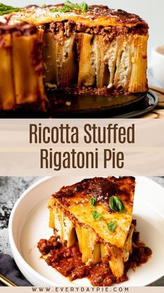 a piece of ricotta stuffed rigatoni pie on a plate