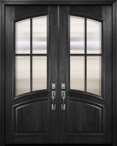 a black double door with two sidelights