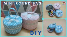 several pictures of small round bags with polka dots and bows on them, one is blue and the other has white polka dots