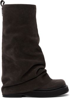 Knee-high suede boots in brown. · Layered construction · Square toe · Pull-loop and logo hardware at heel collar · Buffed calfskin lining · Serrated detailing at welt · Foam rubber heel and midsole · Leather sole · Heel: H1.5 Supplier color: Dark grey The Attico, Suede Boots Knee High, Boots Knee, Perfect Shoes, Mid Calf Boots, Rubber Heels, Tall Boots, Suede Boots, Boot Shoes Women