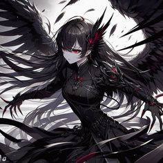 an anime character with black hair and wings