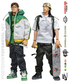 two male action figures are posed in front of a white background, one is holding a skateboard