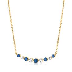 Ross-Simons - .60ct t. w. Sapphire, .46ct t. w. Diamond Curved Bar Necklace. 16". This sweet and simple necklace will subtly elevate all of your favorite outfits. The curved bar is comprised of alternating .60 ct. t. w. round sapphires and .46 ct. t. w. round brilliant-cut diamonds, for an elegant design. Crafted in 14kt yellow gold. Suspends from a cable chain with a 2" extender. Graduates from 1/16" to 1/8" wide. Lobster clasp, diamond and sapphire curved bar necklace. Sapphire birthstones are Necklace Sapphire, Sapphire Birthstone, Curved Bar, September Birthday, Round Sapphire, Simple Necklace, Bar Necklace, Round Brilliant Cut Diamond, Cable Chain