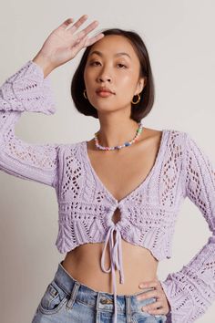 Festive Minds Lavender Crochet Long Sleeve Crop Top - $31 | Tobi US Lavender Top Outfit, Long Sleeve Cropped Top Outfits, Trendy Festival Outfits, Lavender Festival, Survival Pack, Crochet Long Sleeve Tops, Lavender Tops, Crop Top Pattern, Crochet Crop Top Pattern