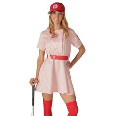 a woman in a pink dress and red hat holding a baseball bat while standing next to a purse