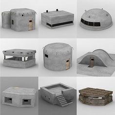 there are many different shapes and sizes of concrete structures on this page, including an old building