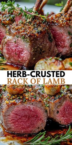 herb crusted rack of lamb on a plate with rosemary garnish