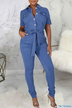 OrcaJump - Womens Blue Solid Patchwork Turndown Collar Skinny Jumpsuit Alisha Berry, Jumpsuit Casual, Valentines Lingerie, Vintage Summer Dresses, Short Denim Skirt, Printed Summer Dresses, Lace Dress Long, Plus Size Jumpsuit, Playsuit Romper