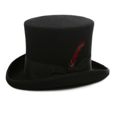 100% Wool Felt Reinforced Brim & Crown for ultimate longevity Grosgrain Ribbon & Feather Accent Crown: 7 inches high Brim: 2 inches Ribbon Feather, House Costume, Designer Hats Men, Formal Top, Black Top Hat, Formal Tops, Special Occasion Outfits, 3 Piece Suits, Ribbon Trim