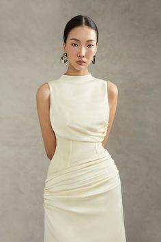 Elevate your style with our dress. The A-line shape and corset waist create a flattering silhouette, while the luxurious silk fabric lends a touch of sophistication. Perfect for special events or a glamorous night out. Corporate Wears, Corset Waist, Mean Blvd, Ankle Length Dress, Grad Dresses, Glam Dresses, Looks Chic, Cream Dress, Classy Dress