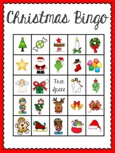 a christmas bingo game with lots of different items on the board and words in red