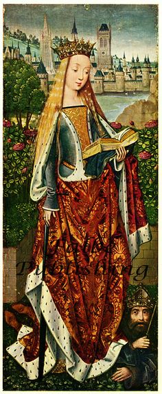 a painting of a woman holding a book in her right hand and wearing a crown