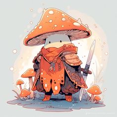 a cartoon character holding a knife and wearing an orange outfit with mushrooms on it's back