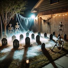 Create a spooky garage graveyard with DIY tombstones and skeleton props. Fog machines and eerie lighting add to the terrifying look, while ghostly figures amp up the fear factor. A perfect theme for turning your garage into a haunted graveyard this Halloween. Diy Haunted Garage Ideas, Garage Halloween Decor, Haunted Walkway Ideas, Halloween Graveyard Ideas Diy, Diy Tombstones Halloween, Halloween Garage Decorations, Halloween Graveyard Ideas, Garage Halloween Party, Scary Halloween Yard