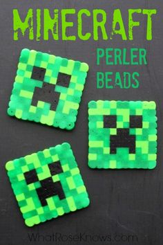 three green and black squares with the words minecraft perler beads written on them