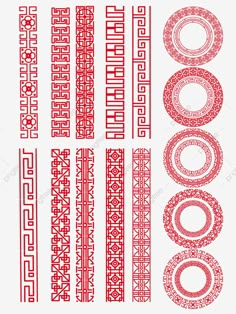 a set of red and white ornamental designs