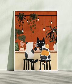 two cats sitting on stools in front of a potted plant and an orange wall