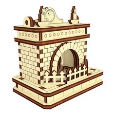 a drawing of a brick fireplace with a clock on it's top and side