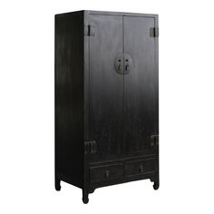 an old black cabinet with two doors and drawers on one side, against a white background