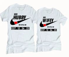 Hubby and Wifey Couple Shirts, Matching Anniversary Shirts, Valentines Day | eBay 1 Year Anniversary Outfit Ideas, Couple Shirts Matching, Anniversary Shirts, Wedding Tshirts, Wedding Dress With Feathers, Wife Clothes, Couples Retreat, Wife Tshirts, Anniversary Outfit