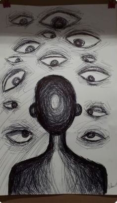 a drawing of an individual's head with many eyes