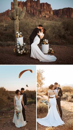 a bride and groom standing next to each other in front of a desert landscape with cacti