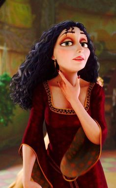 an animated woman in a red dress with long black hair and green eyes is posing for the camera