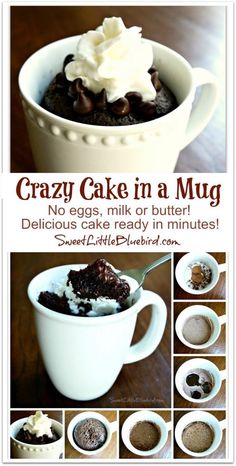 there is a collage of pictures with cake in a mug