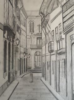 a pencil drawing of an alleyway with doors and windows on both sides, looking down the street