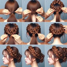 A braided crown is a gorgeous and whimsical hairstyle that gives a regal touch to your homecoming look. To create this style, part your hair down the middle and braid two sections on each side of your head. Wrap each braid around the crown of your head and pin them in place. This hairstyle works best on medium to long hair and gives off a romantic, boho vibe that’s perfect for homecoming. Side Crown Braid, Braided Updo For Wedding, Bun With Crown, Coronet Braid, Braided Crown Updo, Crown Braid Tutorial, The Wet Look, Crown Updo