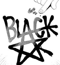 a black and white drawing of a hand pointing at the word black on it's side