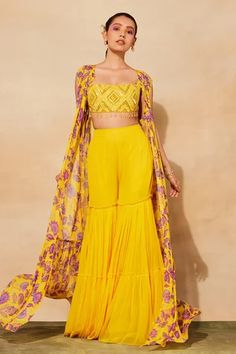 Shop for DiyaRajvvir Yellow Cotton Silk Printed Cape Gharara Pant Set for Women Online at Aza Fashions Printed Suits Design Indian, Heavy Suit, Gharara Pants, Haldi Dress, Mehndi Outfits, Haldi Outfits, Function Dresses, Lehenga Choli Online, Indian Wedding Wear