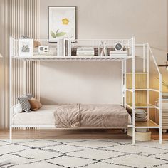 a white metal bunk bed sitting on top of a wooden floor next to a lamp