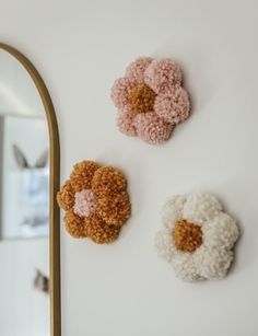 three different types of pom - poms hanging on a wall next to a mirror