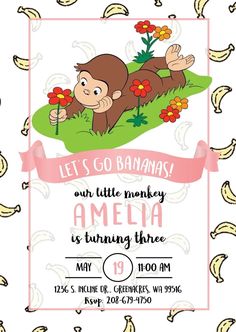 a birthday party card with a monkey on the grass