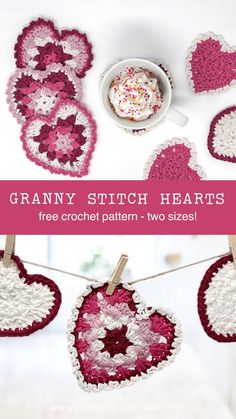 crocheted hearts hanging from clothes pins with text overlay reading granny stitch hearts free crochet pattern two sizes