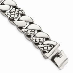 Item Specification: Finish:Polished Length of Item:8.5 in Chain Length:8.5 in Chain Width:19 mm Clasp /Connector:Box Catch Material: Primary:Stainless Steel Item Weight U/M:gm Width of Item:19 mm Product Type:Jewelry Jewelry Type:Bracelets Bracelet Type:Men's Texture:Textured Material: Primary - Color:White Stainless Steel Texture, Mens Items, China Jewelry, Stainless Steel Polish, Initial Pendant Necklace, Bow Jewelry, Hoop Earring Sets, Mens Accessories Jewelry, Black Bow