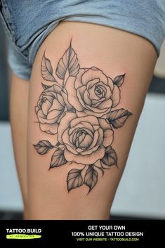 Rose Thigh Tattoo Ideas Stunning Designs for Your Thigh Ink Rose Tattoo Thigh, Thigh Tattoo Designs, Open Flower, Floral Tattoo Design, Rose Tattoo Design, Arm Tattoos For Guys, Rose Tattoo, Pretty Design, Different Flowers