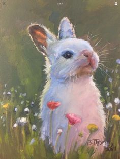 a painting of a white rabbit in a field of flowers