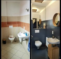 two pictures of a bathroom with toilet, sink and mirror