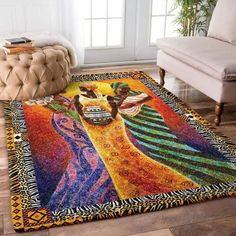 a colorful area rug with an image of a woman on it