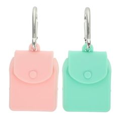 two pastel colored plastic bags with metal hooks on each side, one has a button and the other has a clip