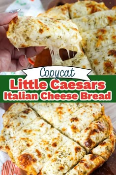 a close up of a piece of pizza on a plate with the text copycat little caesars italian cheese bread