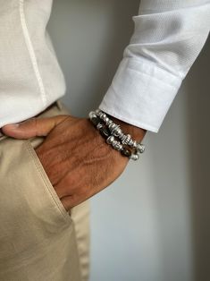 Mens Silver Bracelets Silver Beaded Bracelets Men Silver - Etsy Everyday Stretch Bracelet With Round Beads, Casual Silver Stackable Bracelets, Casual Silver Stackable Beaded Bracelets, Handmade Everyday Bracelets, Casual Silver Bracelets With Spacer Beads, Casual Silver Round Beads Wristband, Casual Silver Beaded Bracelets For Gifts, Types Of Gifts, Mens Bracelet Silver